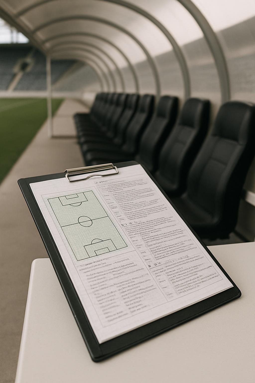 A clipboard with soccer play diagram and seating in locker room in the background.